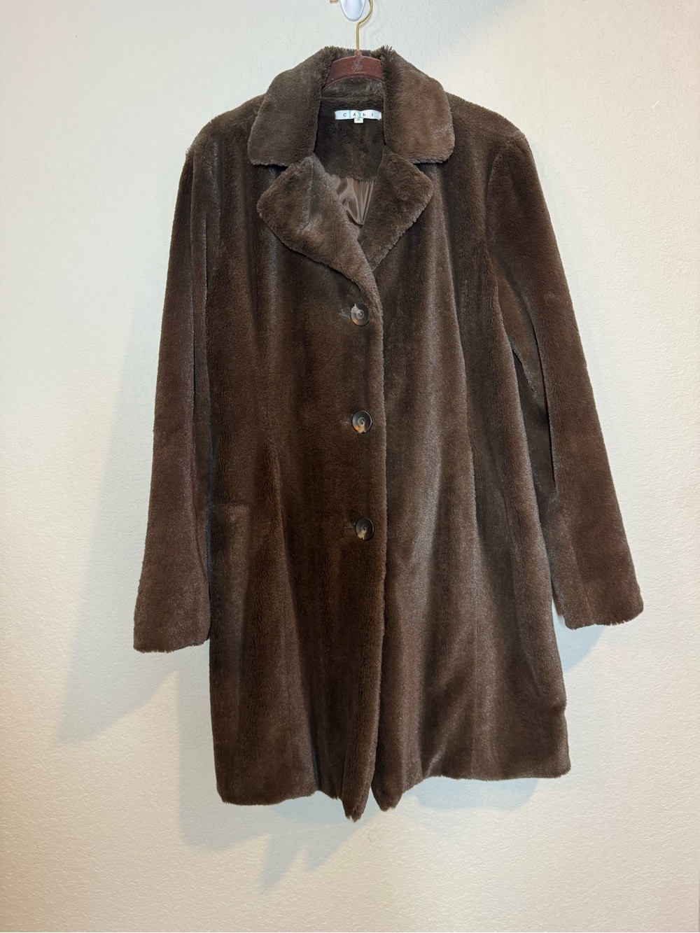 CAbi Women's Dark Brown Faux Fur Teddy Coat quiet luxury mob wife